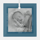 Custom Foto und Name Baby's First Christmas Blue Ornament Aus Glas (Vorderseite)