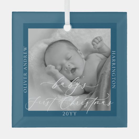 Custom Foto und Name Baby's First Christmas Blue Ornament Aus Glas (Vorderseite)