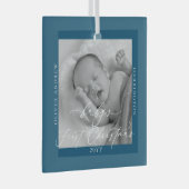 Custom Foto und Name Baby's First Christmas Blue Ornament Aus Glas (Vorderseite Rechts)
