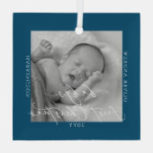 Custom Foto und Name Baby's First Christmas Blue Ornament Aus Glas (Rückseite)
