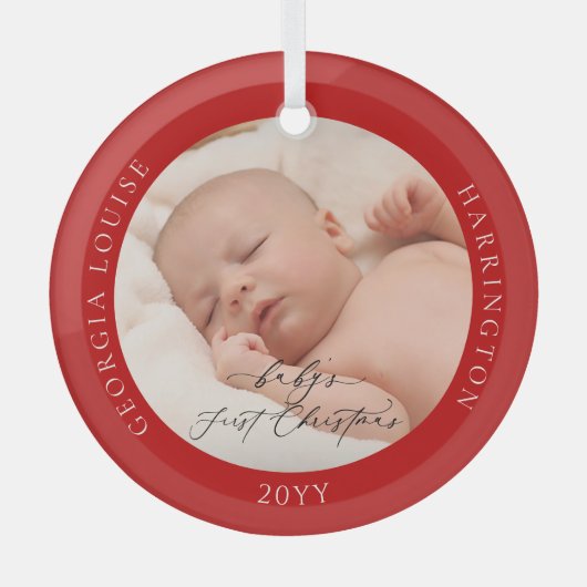 Custom Foto und Name Baby's First Christmas Red Ornament Aus Glas (Vorderseite)