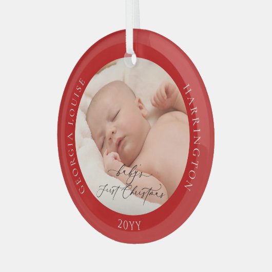 Custom Foto und Name Baby's First Christmas Red Ornament Aus Glas (Vorderseite links)
