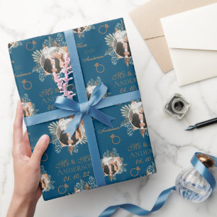 Custom Foto Watercolor Floral Mr & Mrs Navy Blue Geschenkpapier