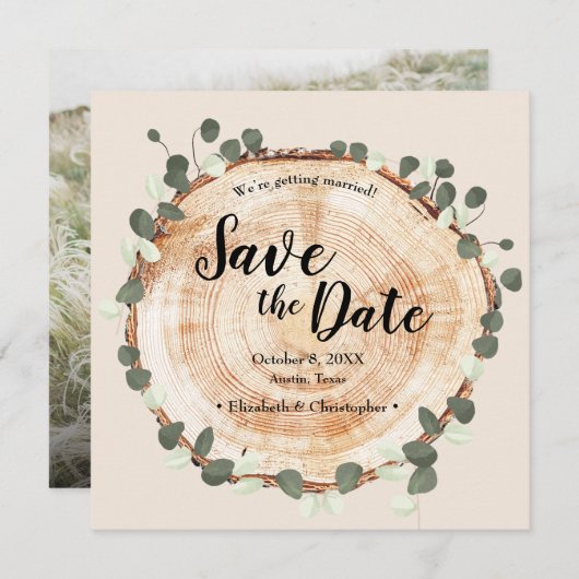 Custom Foto Website Holzöl-Eukalyptus Hochzeit Save The Date (Vorne/Hinten)