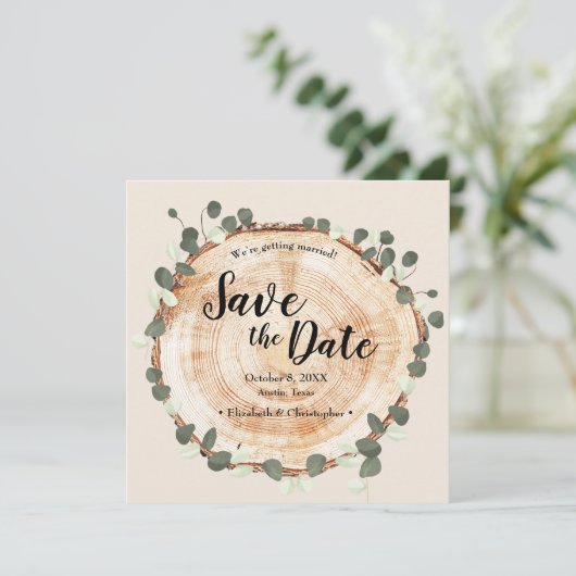 Custom Foto Website Holzöl-Eukalyptus Hochzeit Save The Date (Stehend Vorderseite)