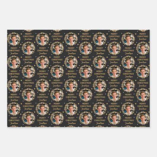 Custom Foto Weihnachtsgeschenk Wrapper Black Gold Geschenkpapier Set (Vorderseite 3)