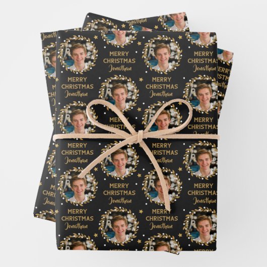 Custom Foto Weihnachtsgeschenk Wrapper Black Gold Geschenkpapier Set (Beispiel)