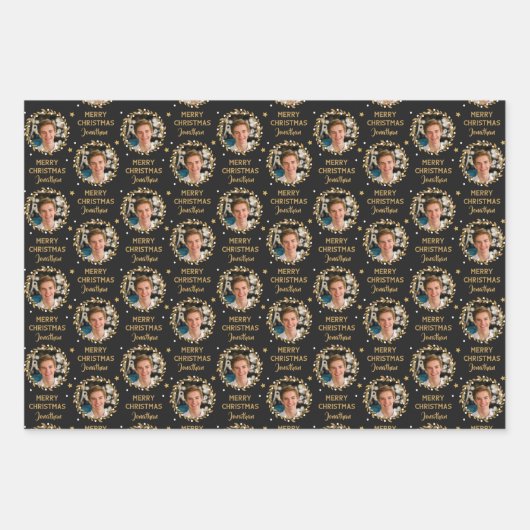 Custom Foto Weihnachtsgeschenk Wrapper Black Gold Geschenkpapier Set (Vorderseite)