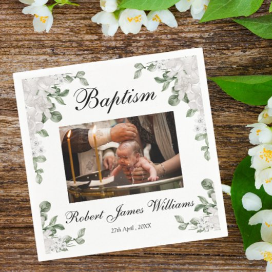 Custom Foto Weiße Blume Christening Taufen Serviette