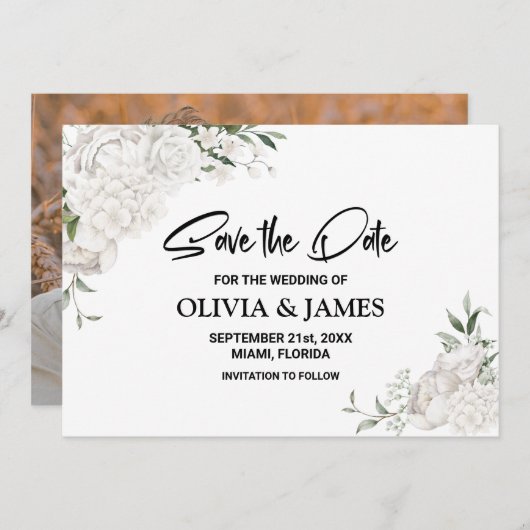 Custom Foto White Floral Wedding Save The Date (Vorne/Hinten)