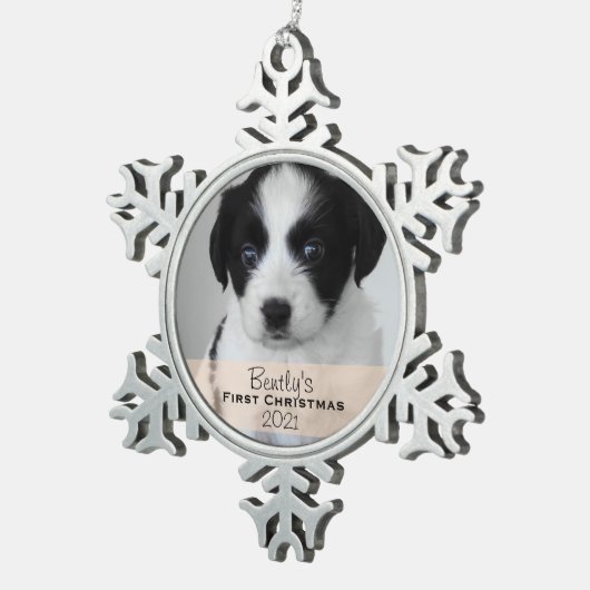 Custom Foto Year Welpe's First Christmas Schneeflocken Zinn-Ornament (Rechts)