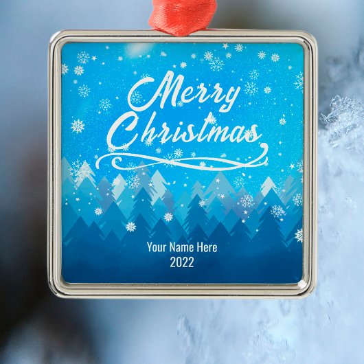 Custom Friedlich Blue Snow Forest Frohe Weihnachte Ornament Aus Metall