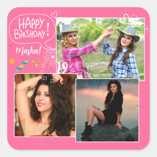 Custom Friend Happy Geburtstag Foto Collage Quadratischer Aufkleber (Vorderseite)