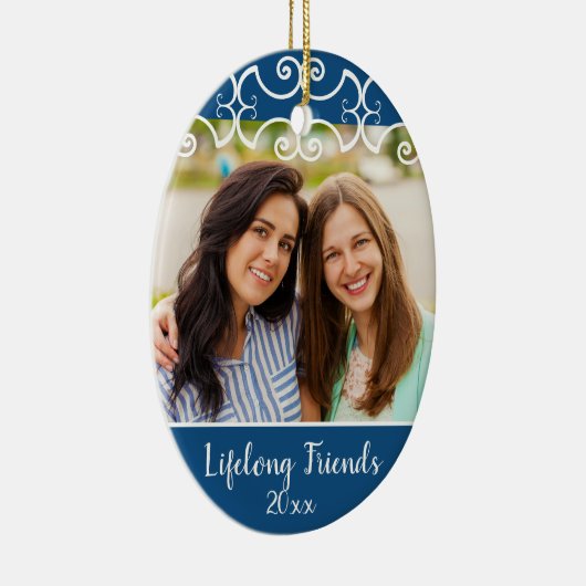 Custom Friends 2-seitige Foto Classic Blue Christm Keramik Ornament (Rechts)