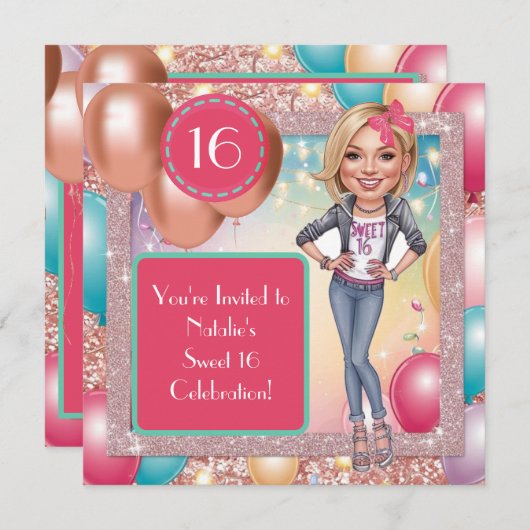 Custom Fun & Fabulous Sweet 16 Karikaturen Design Einladung (Vorne/Hinten)