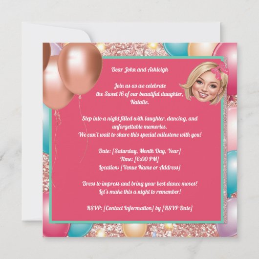 Custom Fun & Fabulous Sweet 16 Karikaturen Design Einladung (Rückseite)