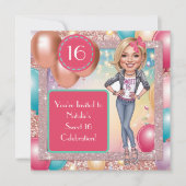 Custom Fun & Fabulous Sweet 16 Karikaturen Design Einladung (Vorderseite)