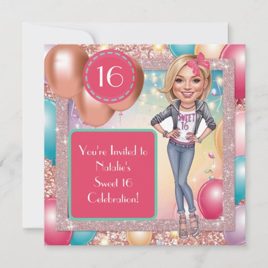 Custom Fun & Fabulous Sweet 16 Karikaturen Design Einladung (Vorderseite)