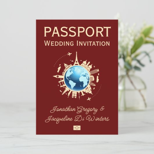 Custom Fun Globe Reisepass Hochzeit Einladung (Stehend Vorderseite)