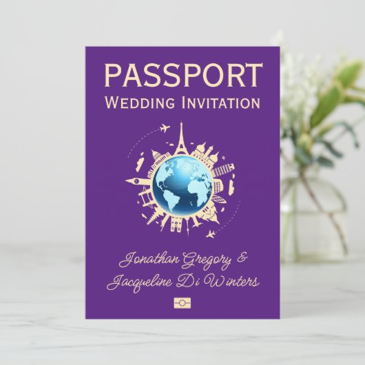 Custom Fun Globe Reisepass Hochzeit Einladung (Stehend Vorderseite)