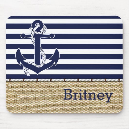 Custom Fun Navy Blue Stripe Imitate Jute Burlap Mousepad (Vorne)