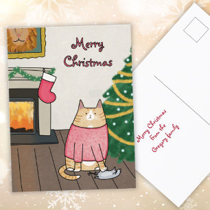 Custom Funny Orange Cat Mouse Under Christmas Tree Feiertagspostkarte