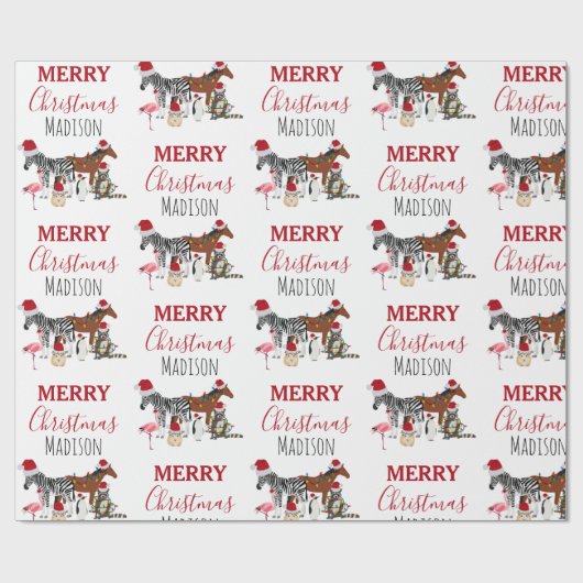 Custom Funny Weihnachtstiere Weihnachtsmannmützen Geschenkpapier (Flach)