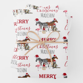 Custom Funny Weihnachtstiere Weihnachtsmannmützen Geschenkpapier Set