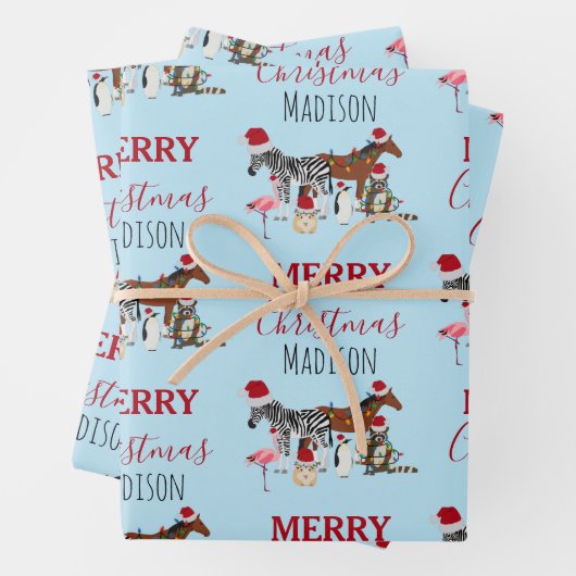 Custom Funny Weihnachtstiere Weihnachtsmannmützen  Geschenkpapier Set (Beispiel)