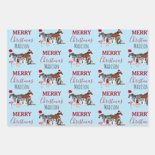 Custom Funny Weihnachtstiere Weihnachtsmannmützen  Geschenkpapier Set (Vorderseite)