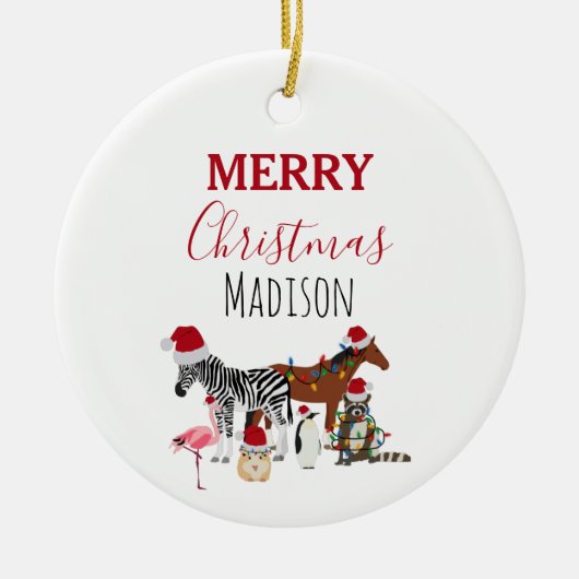 Custom Funny Weihnachtstiere Weihnachtsmannmützen Keramik Ornament (Vorne)