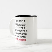 Custom Funny Work Forecast – Sarcasm & Profanity Zweifarbige Tasse (Vorderseite Links)