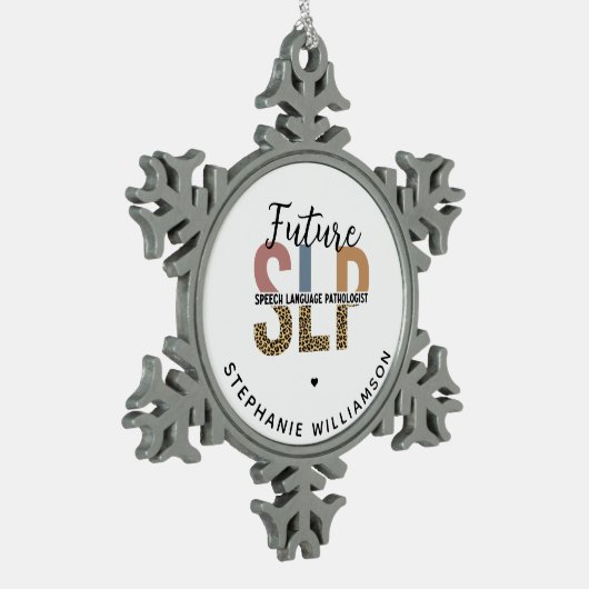 Custom Future SLP Speech Pathologe Leopard Print Schneeflocken Zinn-Ornament (Links)