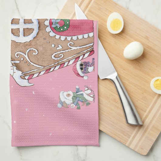 Custom Gingerbrot House Ice Skaten Snowy Day Geschirrtuch (Viertel Falte)