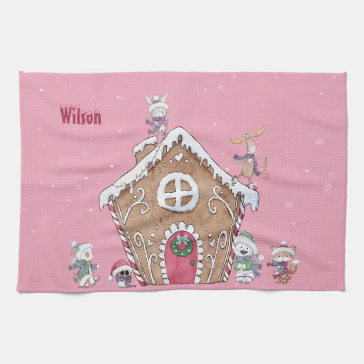 Custom Gingerbrot House Ice Skaten Snowy Day Geschirrtuch (Horizontal)