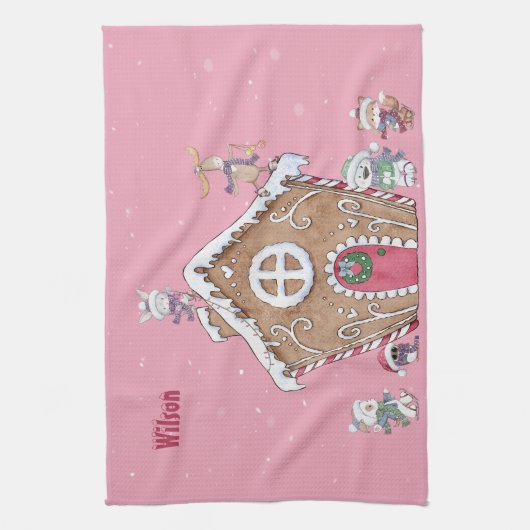 Custom Gingerbrot House Ice Skaten Snowy Day Geschirrtuch (Vertikal)