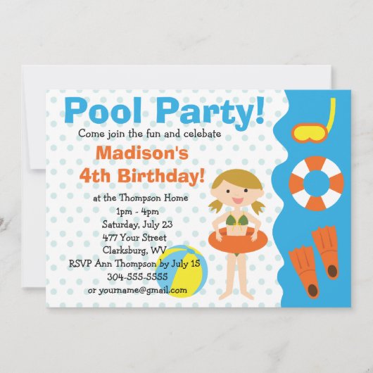 Custom Girl Birthday Pool Party Einladung (Vorderseite)