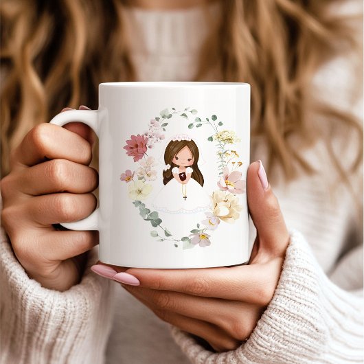 Custom Girl First Holy Communion Greenery Wreath Kaffeetasse