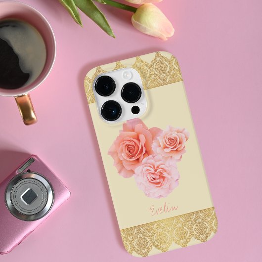 Custom Girl Floral Pink and Golden Damask Lace Case-Mate iPhone Hülle