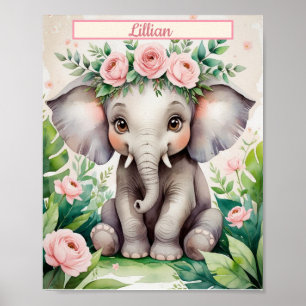 Custom Girl Kinderzimmer Watercolor Baby Elephant Poster