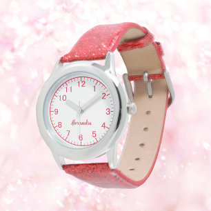 Custom Girl Name Red Glitzer Strap Kid Armbanduhr
