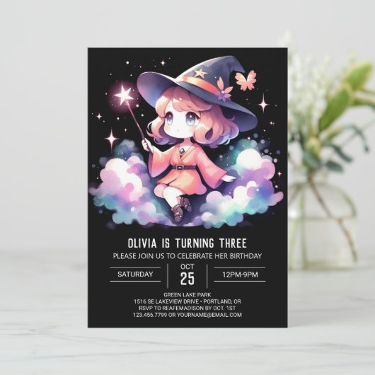 Custom Girl Wizard Geburtstag Einladung (Stehend Vorderseite)