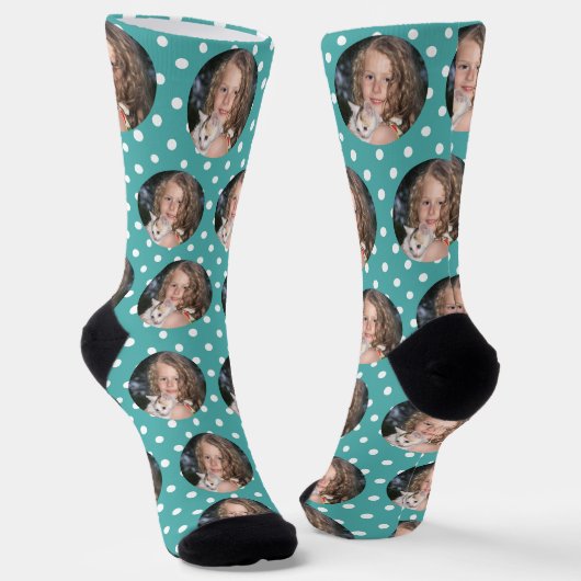 Custom Girlfriend Foto Aquamarin Blue Polka Dots L Socken (Gewinkelt)