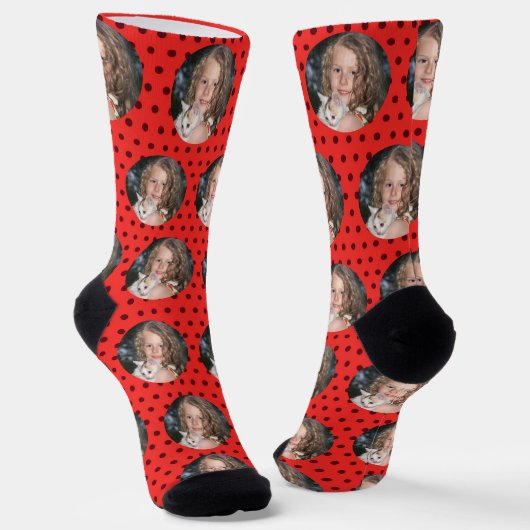 Custom Girlfriend Foto Black Red Polka Dots Liebe Socken (Gewinkelt)