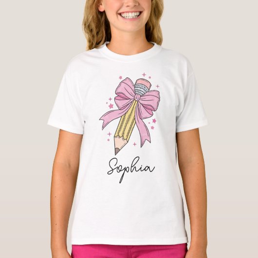 Custom Girls Back to School Coquette Pencil Bow T-Shirt (Vorderseite)