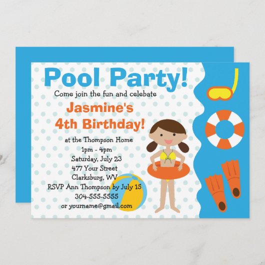 Custom Girl's Birthday Pool Party Einladung (Vorne/Hinten)