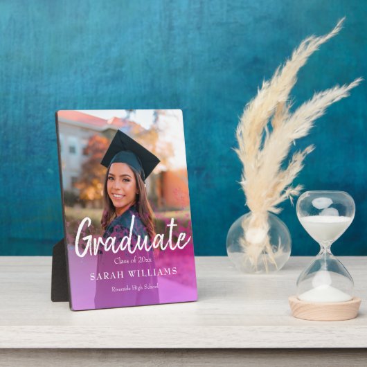 Custom Girly Graduate Foto Script Rosa Overlay Fotoplatte (Seite)