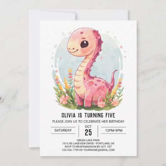 Custom Girly Printable Dinosaur Girl Birthday Einladung (Vorderseite)