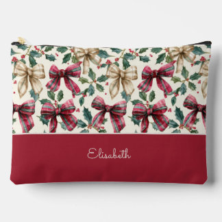 Custom Girly Red Bow with Holly Christmas Pattern Zubehörtasche