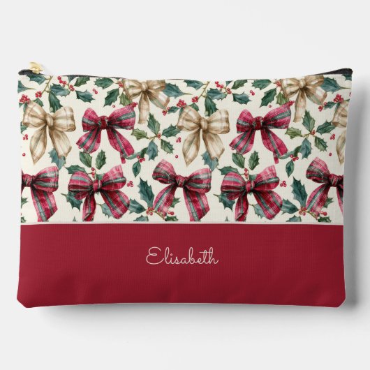 Custom Girly Red Bow with Holly Christmas Pattern Zubehörtasche (Vorderseite)